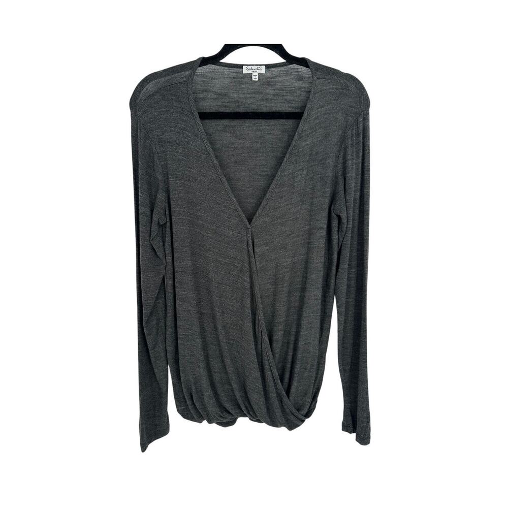 Splendid Top Women S Charcoal Gray Modal Blend Pleated Surplice Wrap Balloon Hem
